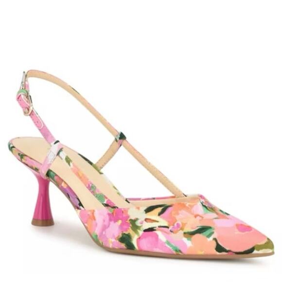 Nine West Rillas Pink Floral Sling Back Kitten Heel Size 9 - Picture 1 of 12